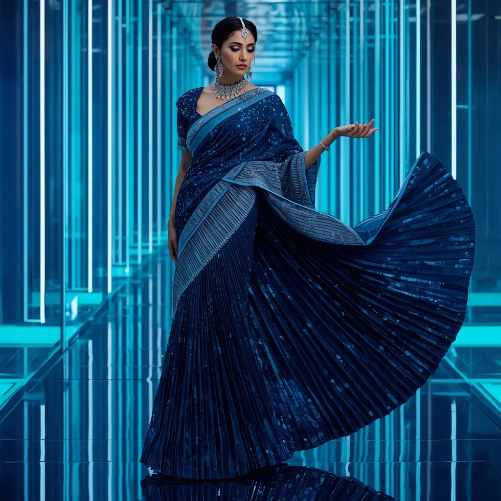 Sapphire Ice Mirage Saree with Infinity Prism Water Corridors | Gemini Ai Photo Prompt Copy Paste