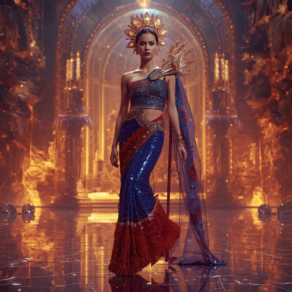 Sapphire Inferno Opal Saree with Crystal Flame Crown Aurora Citadel | Instagram Viral Photo Ai Prompt