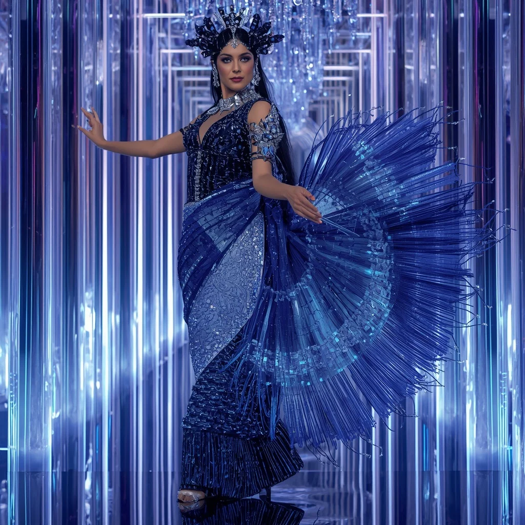 Sapphire Inferno Prism Saree with Infinity Neon Crystal Palace | Prompt Seen Girl Photo Editing Trending Instagram