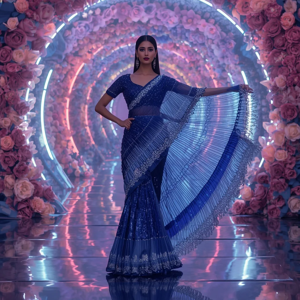 Sapphire Lotus Matrix Saree with Quantum Bloom Vault | Romantic Ai Prompt