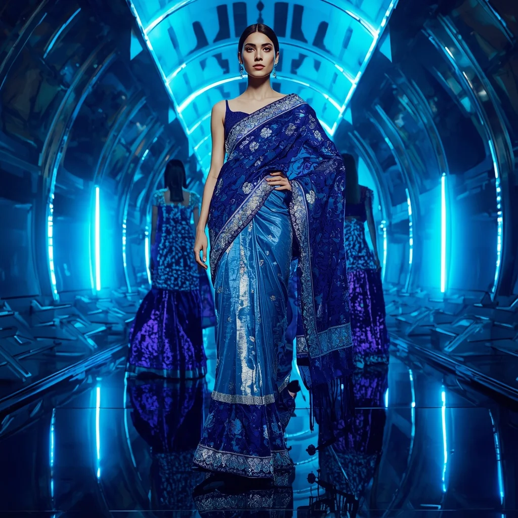 Sapphire Mirage Crystal Saree with Floating Neon Fortress | Saree Prompt Text To Image