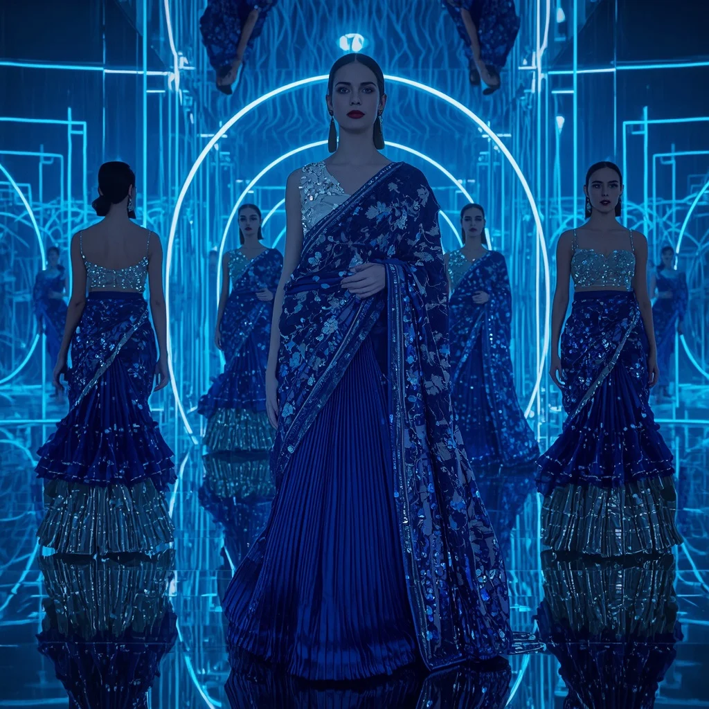 Sapphire Mirage Crystal Saree with Floating Neon Gallery | Desi Saree Ai Prompt