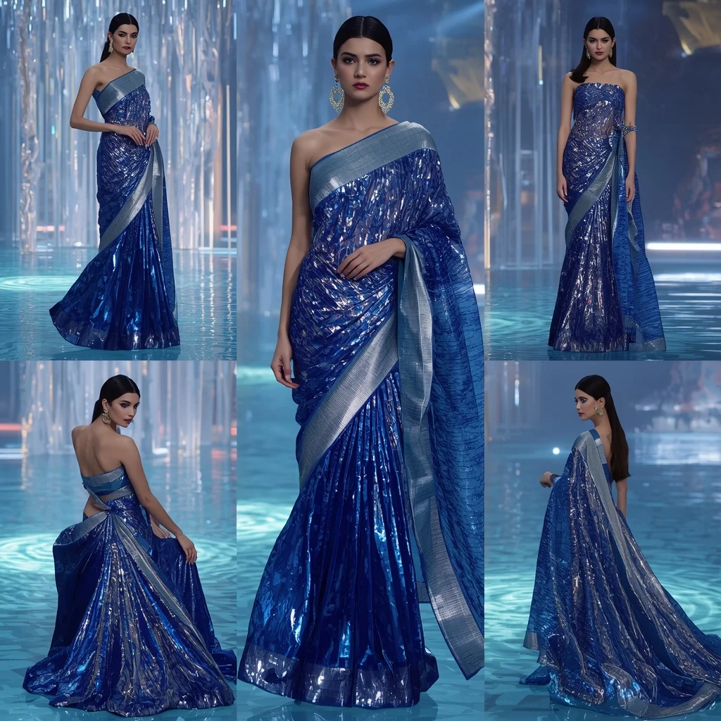 Sapphire Mirage Festival Saree with Floating Infinity Crystal Lagoon Deck | Ai Photo Prompt