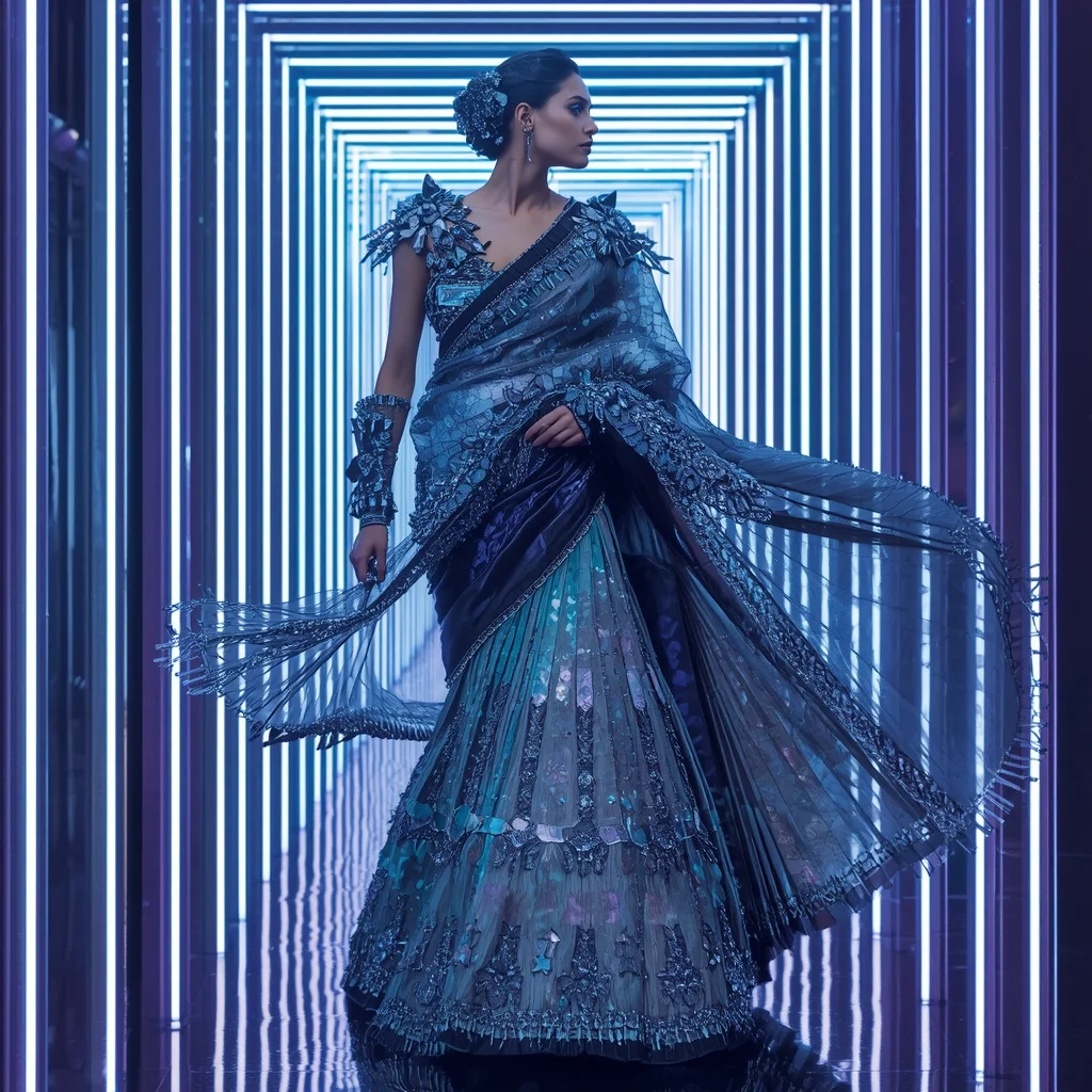 Sapphire Mirage Flame Saree with Infinity Prism Neon Sanctuary | Travel Ai Prompt