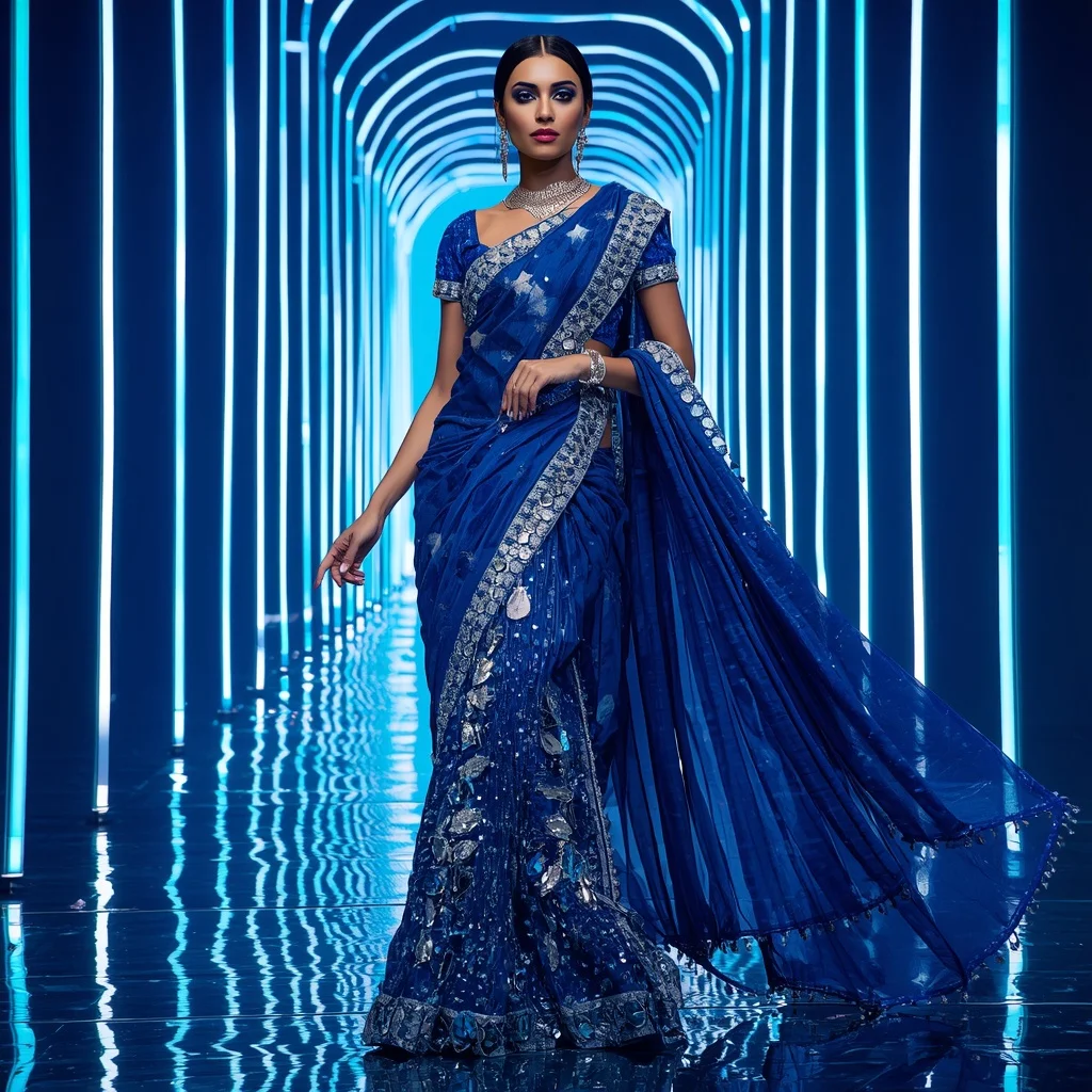 Sapphire Mirage Royale Saree with Neon Infinity Cathedral | Instagram Girl Gemini Prompt