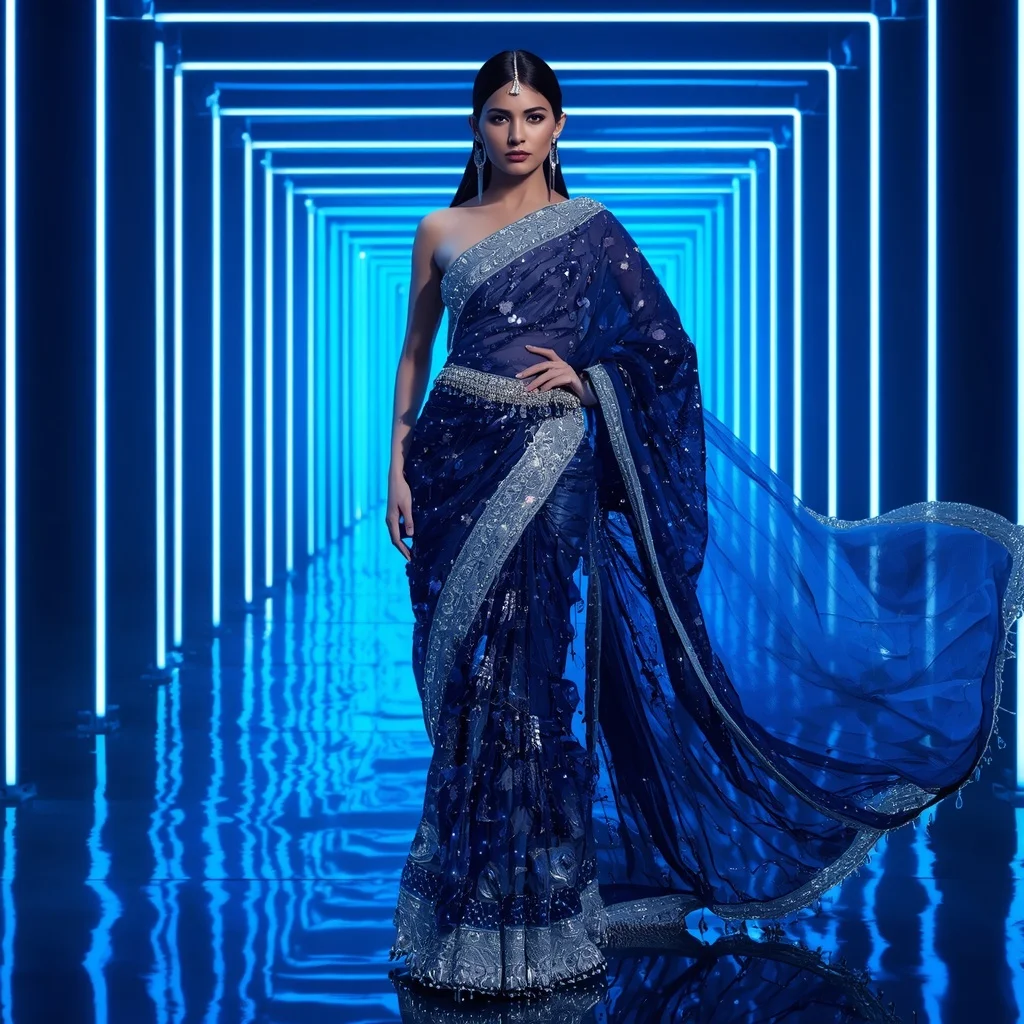 Sapphire Mirage Royale Saree with Neon Infinity Palace | Female Model Ai Prompt