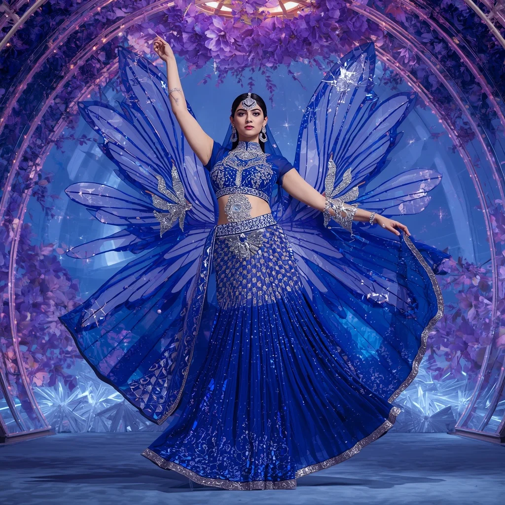 Sapphire Moon Butterfly Saree with Celestial Crystal Bloom Dome | Instagram Post Ai Prompt