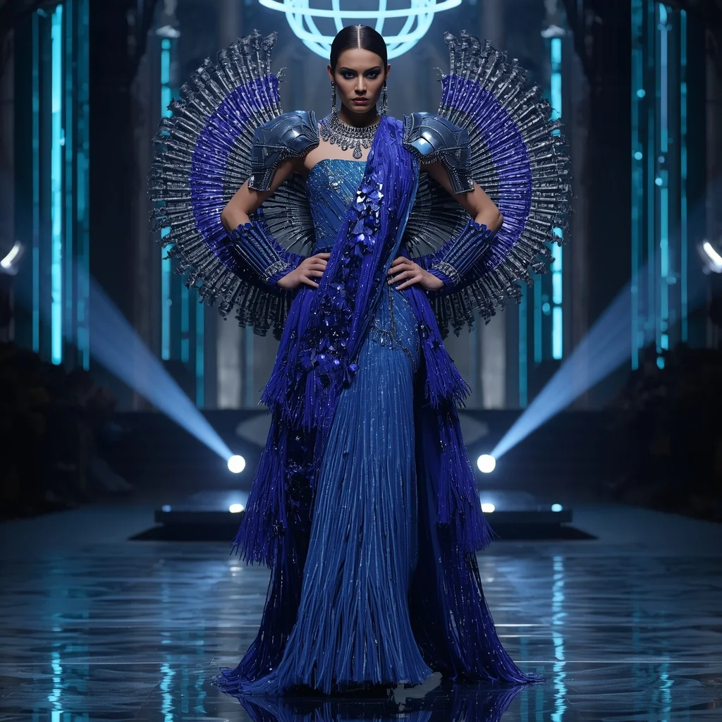 Sapphire Nebula Titan Quantum Armor Saree with Floating Laser Hypergrid Cathedral Nexus Sphere System | Character Design Ai Prompt