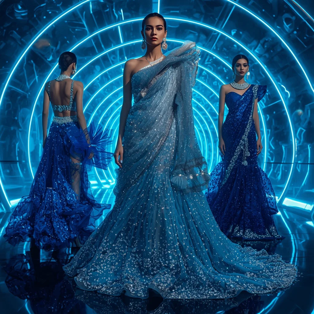 Sapphire Prism Crystal Saree with Neon Aurora Dome | Gemini Photo Prompt