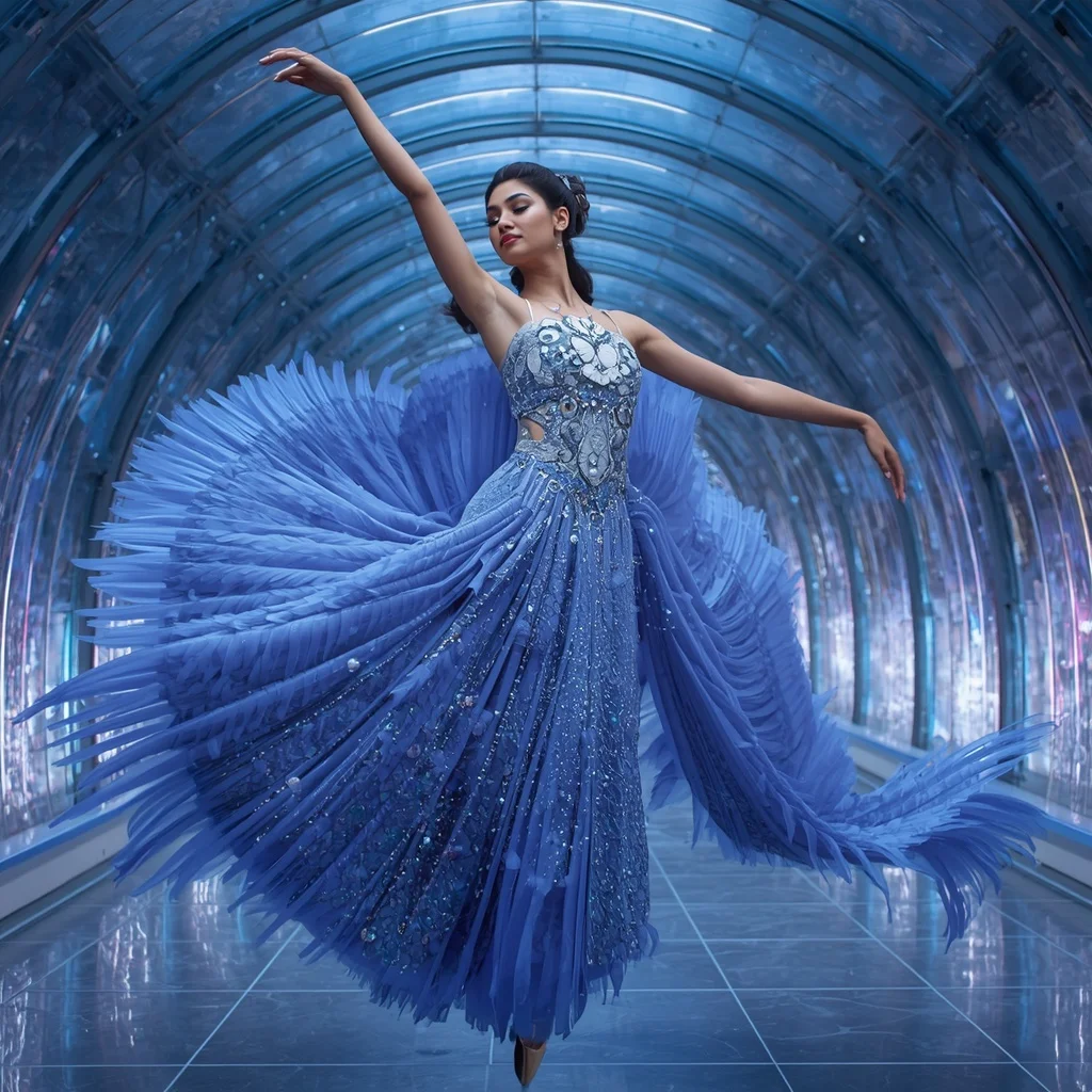 Sapphire Swan Galaxy Saree with Celestial Feather Crystal Atrium | Ai Photo Editing Prompt