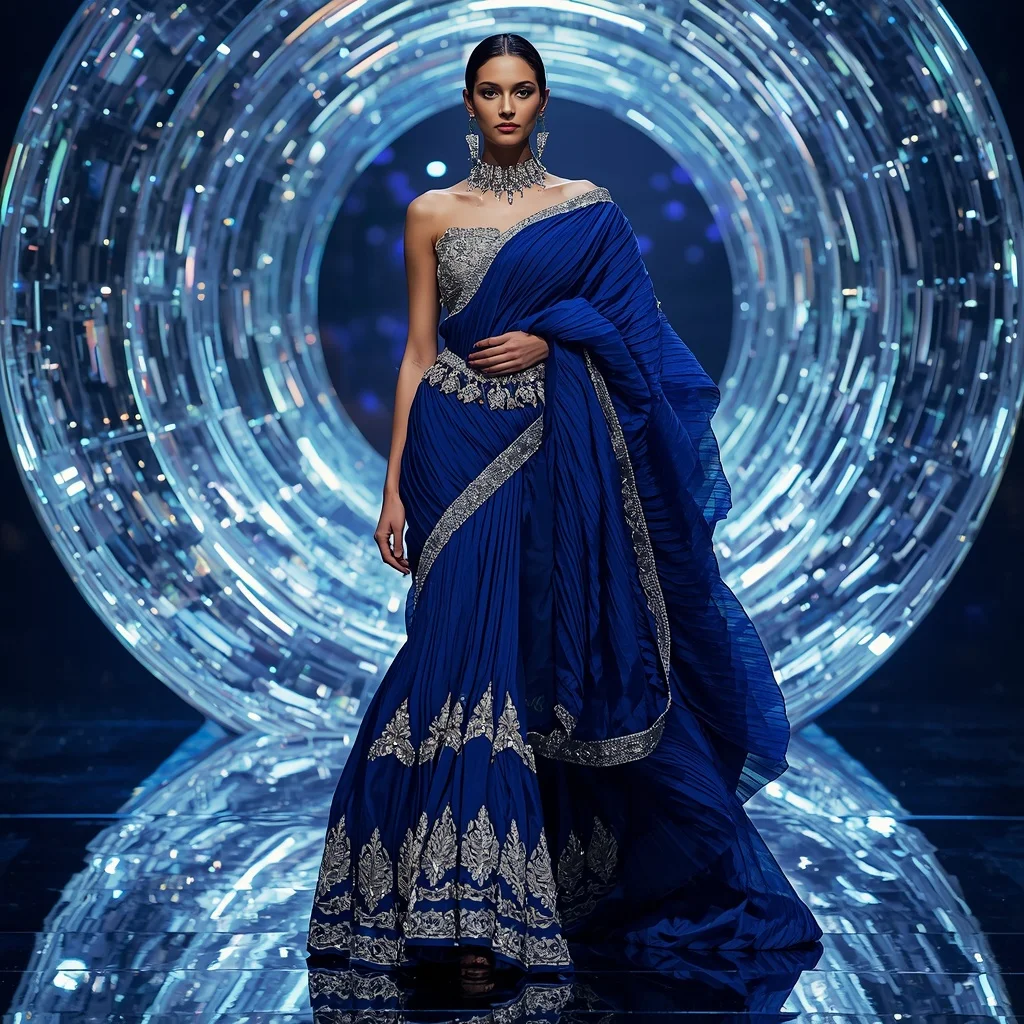 Sapphire Titanium Symphony Saree with Holographic Crystal Reflection Orbit Infinity Pavilion | Prompt Generator