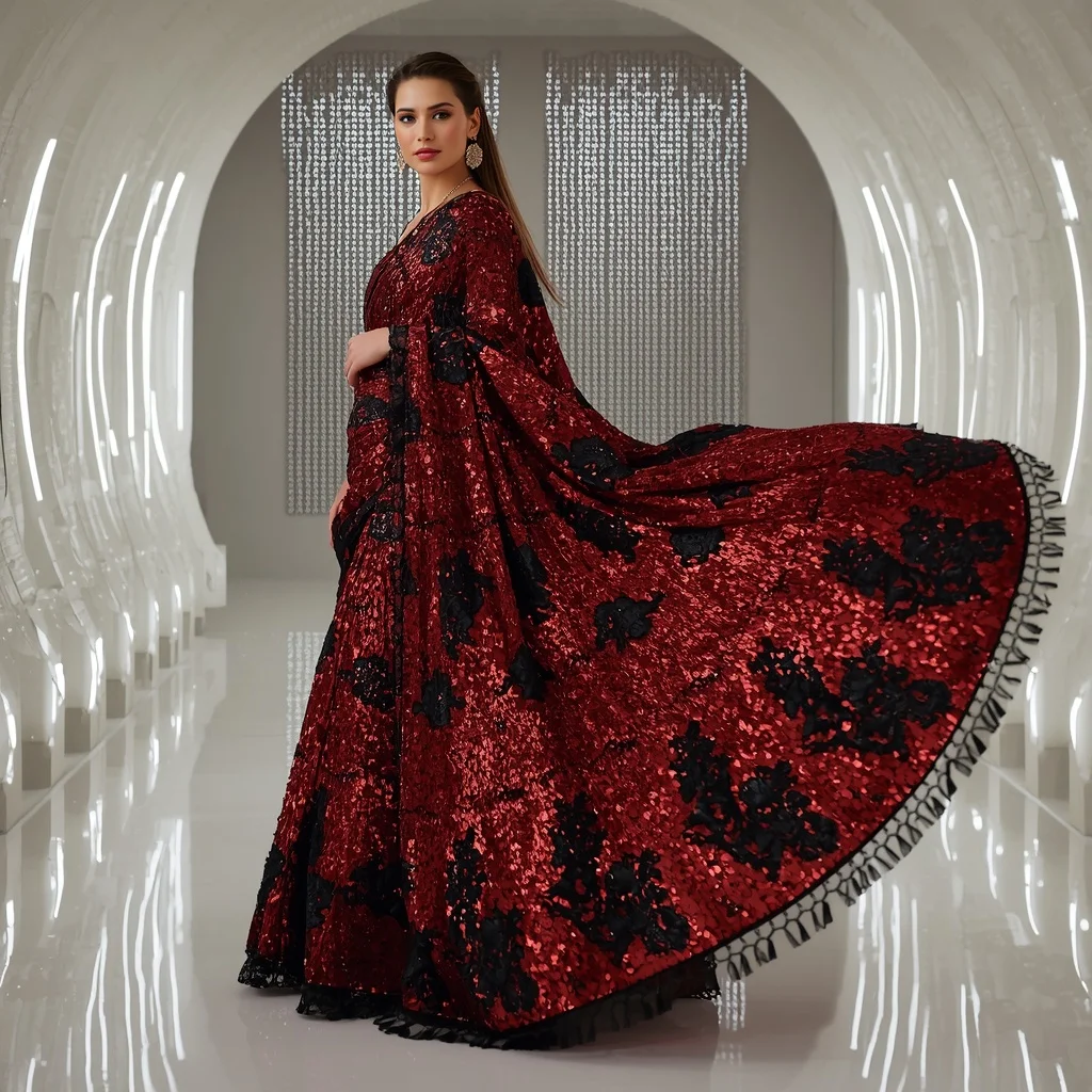 Scarlet Chrome and Black Lace Saree with Pulsing Light Matrix | Travel Ai Prompt