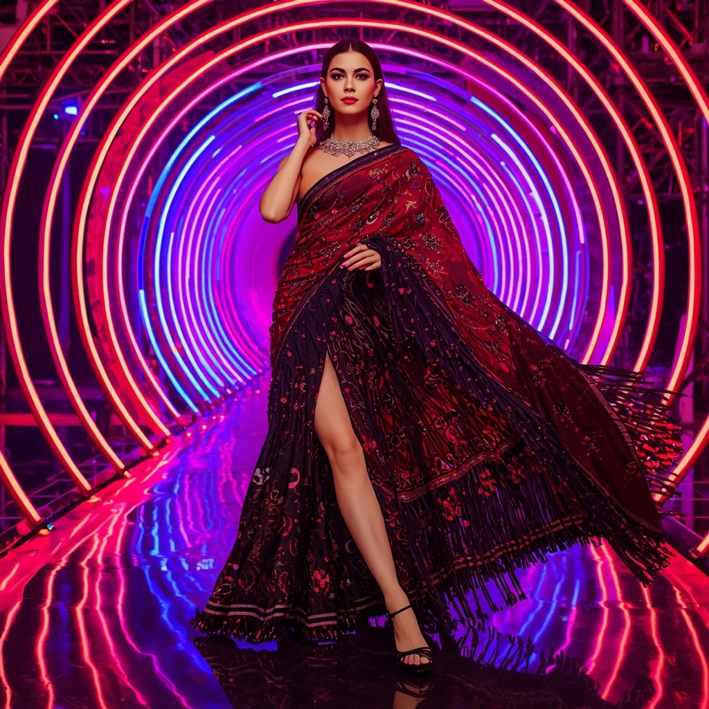 Scarlet Nebula Crystal Saree with RGB Spiral Palace | Prompt Seen Girl Kurti