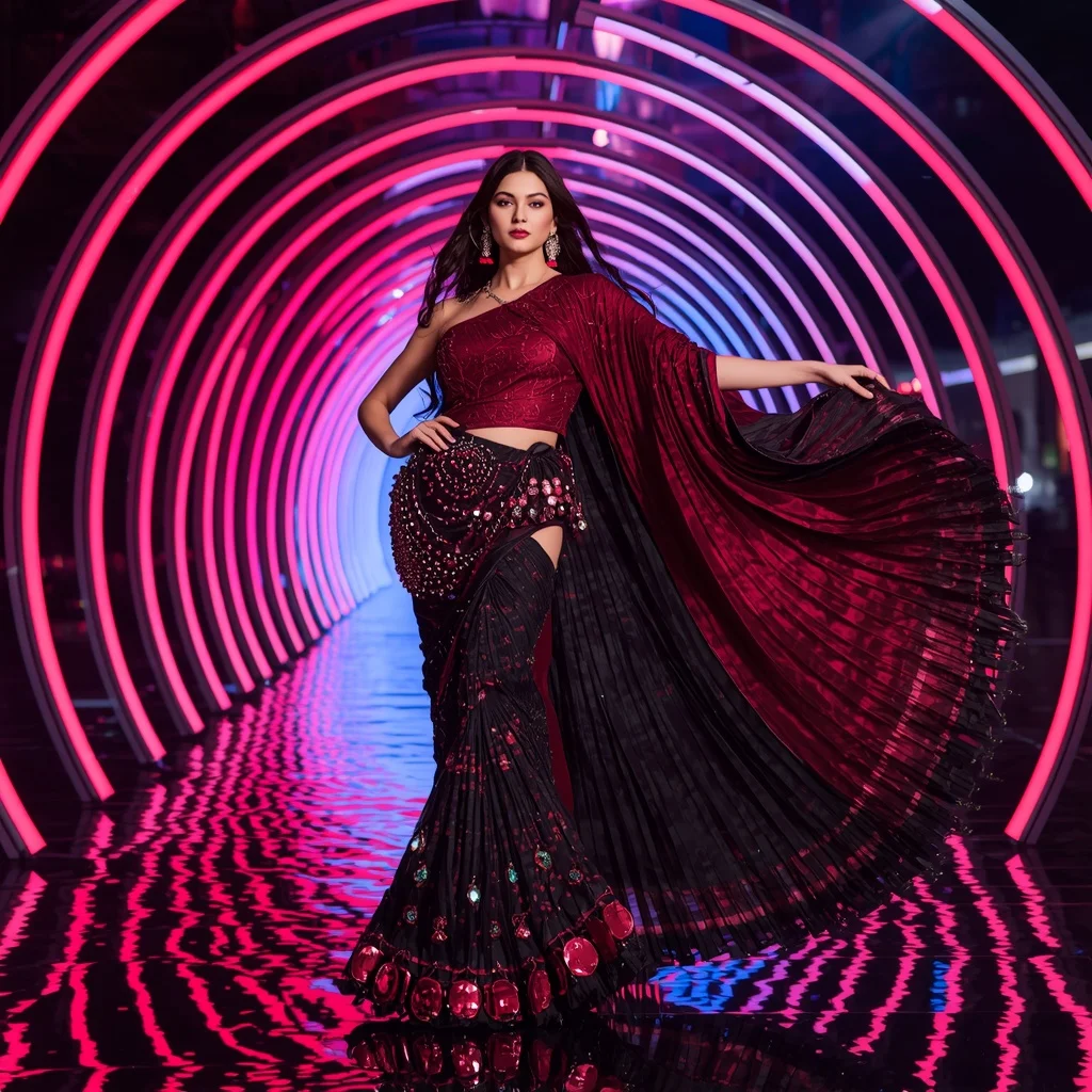 Scarlet Nebula Thunder Saree with RGB Spiral Cathedral | Ai Video Generator Prompt