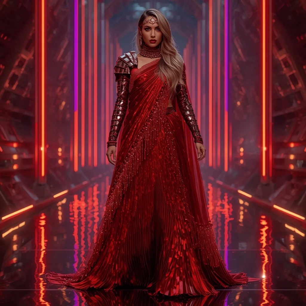 Scarlet Nova Abyss Infinity Armor Saree with Quantum Rift Engine Tunnel Core Collapse Field Nexus System | New Instagram Trend Prompt For Girl And Boy