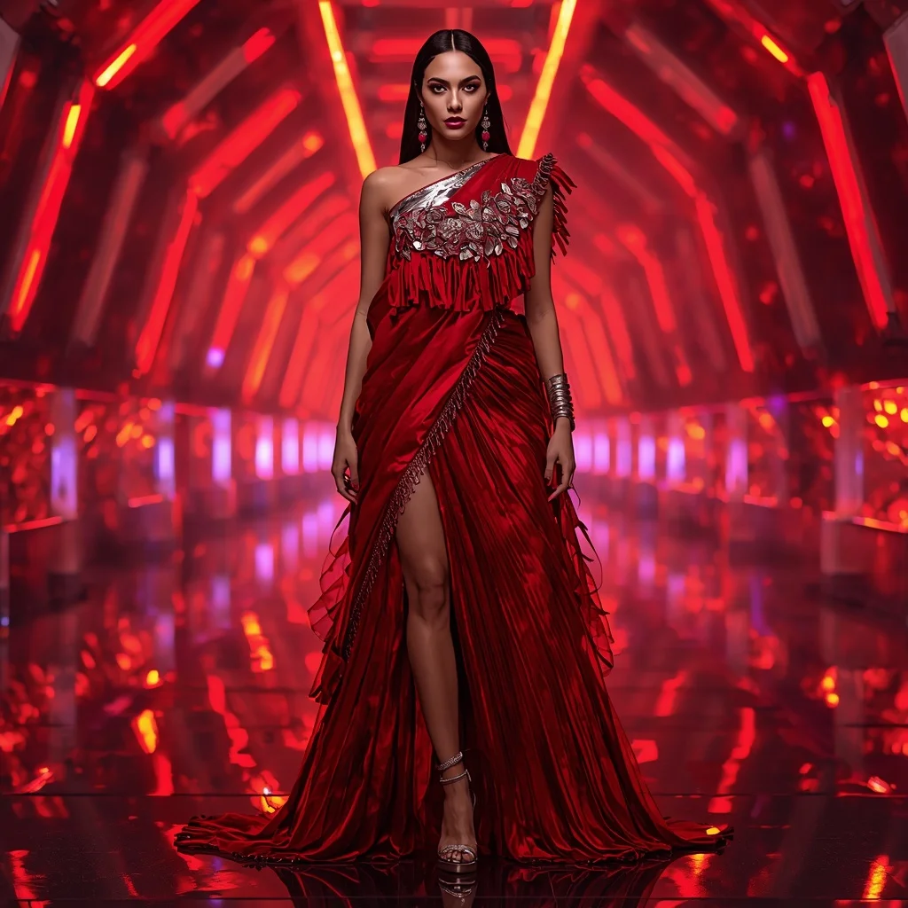 Scarlet Nova Abyss Infinity Armor Saree with Quantum Rift Engine Tunnel Core Collapse Field System Nexus | Gemini Ai Photo