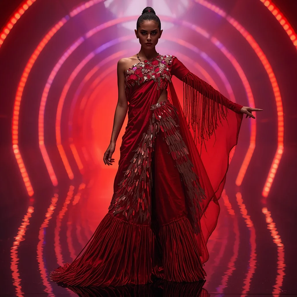 Scarlet Nova Abyss Infinity Surge Armor Saree with Quantum Rift Engine Tunnel Core Collapse Field Nexus System | Pre Wedding Ai Prompt