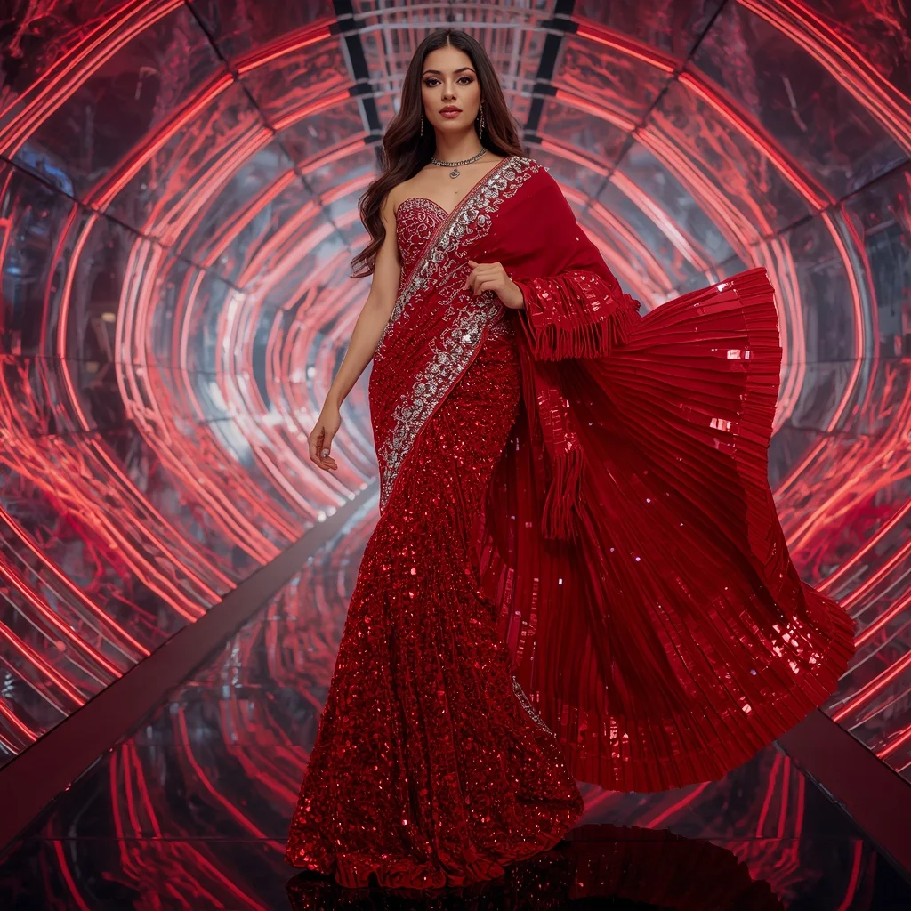 Scarlet Nova Armor Saree with Infinity Hologram Chamber | New Instagram Trend Prompt For Girl Aesthetic