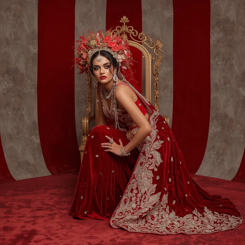 Scarlet Shakti Velvet Saree with Frozen Flame Crown Throne Imperial Palace | Youtube Thumbnail Ai Prompt