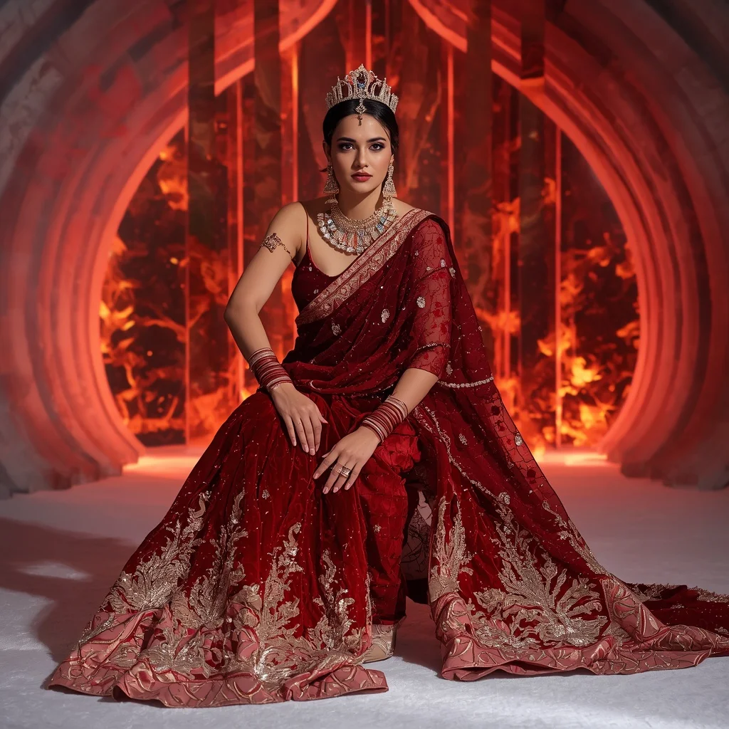 Scarlet Velvet Ember Queen Saree with Frozen Flame Infinity Citadel | Desi Girl Ai Prompt