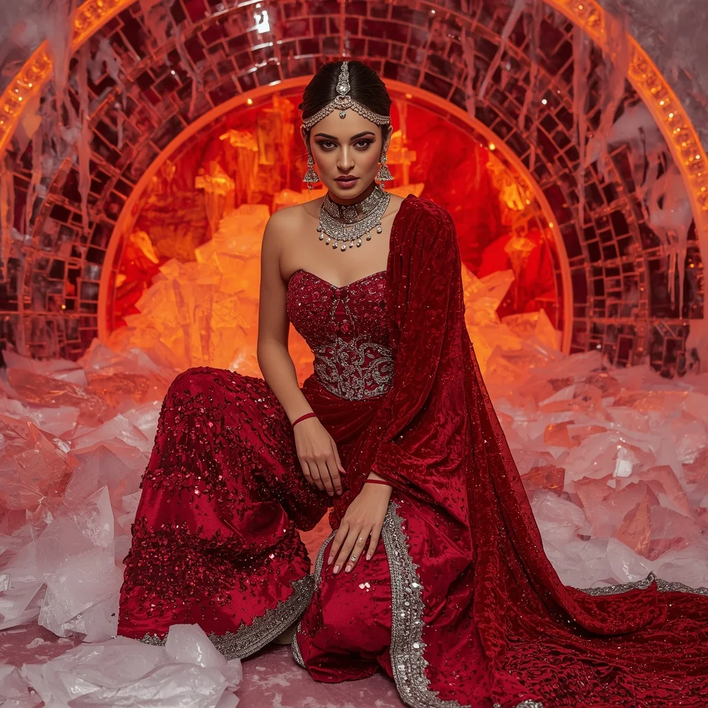Scarlet Velvet Inferno Saree with Frozen Flame Crystal Fortress | Prompt Ai