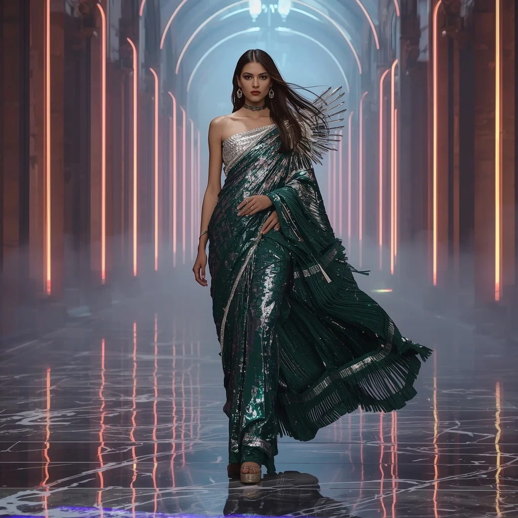 Sculpted Armor Pleat Saree with Floating Neon Cathedral | Stylish Girl Prompt Generator