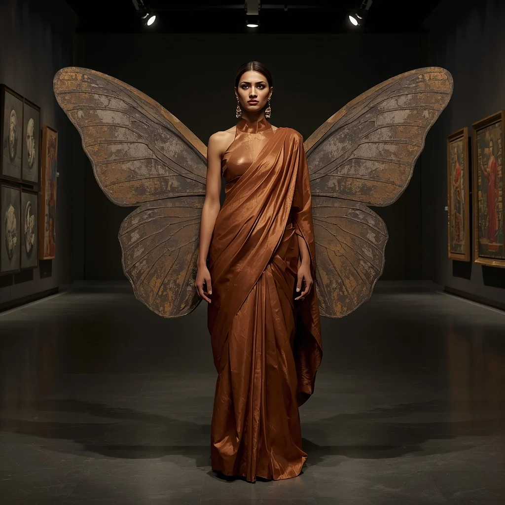Sculpted Bronze and Terracotta Butterfly Saree with Museum Gallery Background | Midjourney Prompt List