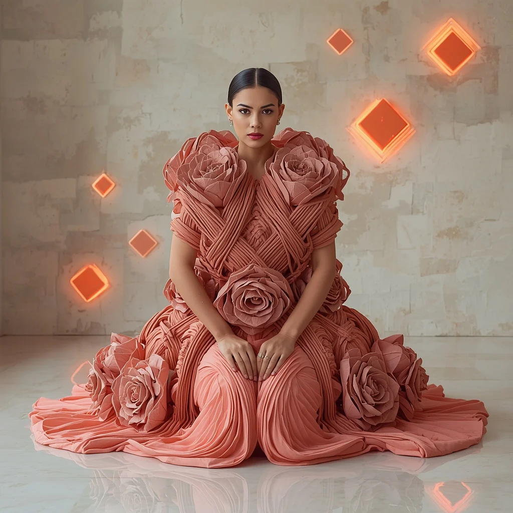 Sculpted Raw Concrete Flower Armor & Heavy Copper Cable Lattice Pastel Coral Saree | Kneeling Warrior Defiance Pose | Gemini Photo Prompt