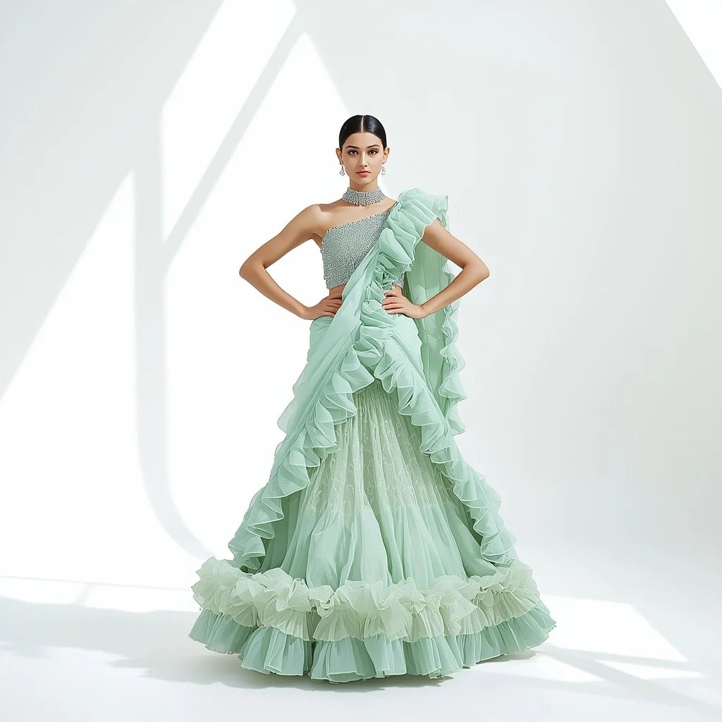 Seafoam Green 3D Organza Ruffle & Diamond Saree | Hands on Hips Power Pose | Prompt Ai For Girl Instagram