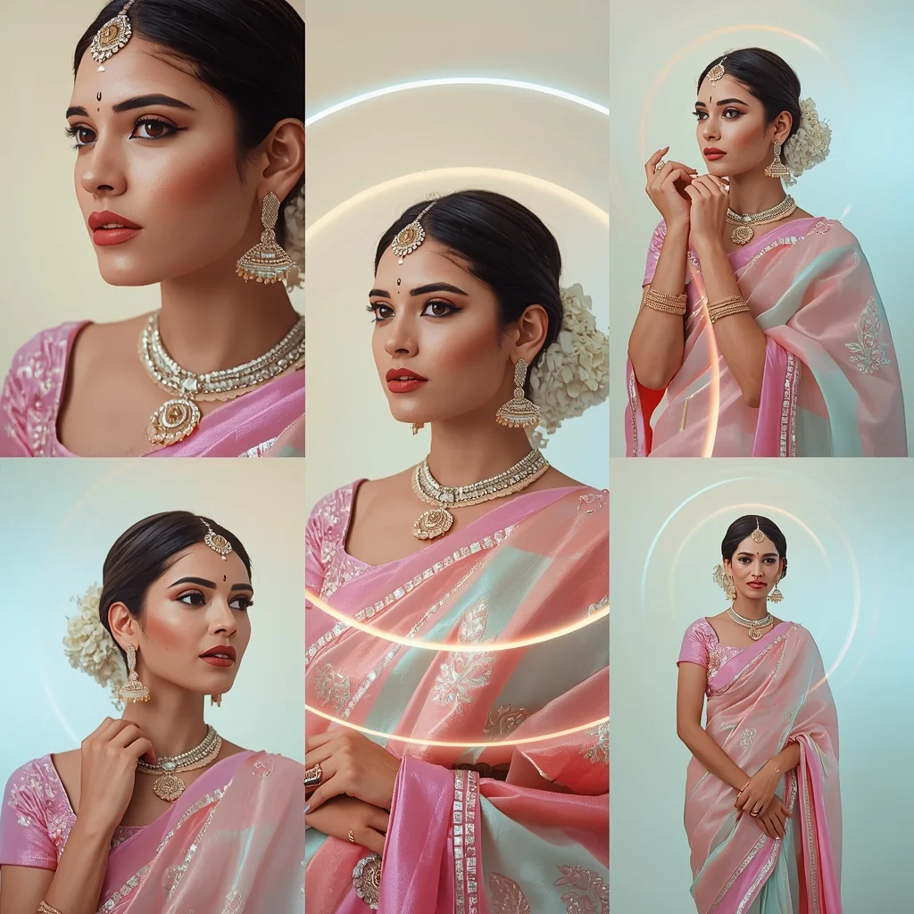Serenity Pulse Halo Orbit Pastel Saree Indian Woman Luxury Composition | Indian Girl Saree Ai Prompt 4k Realistic