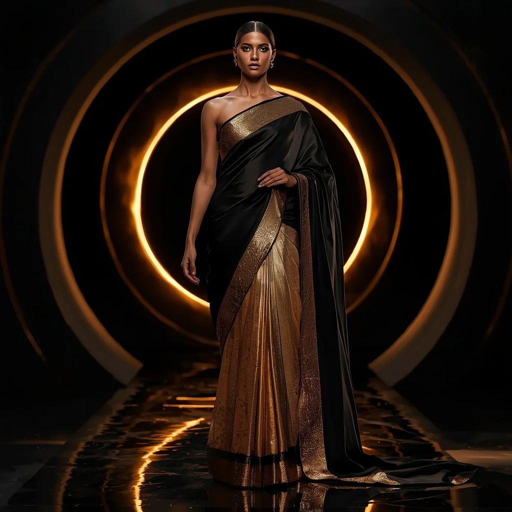 Shadow Gold Eclipse Saree with Black Sun Chamber | Wedding Saree Ai Prompt