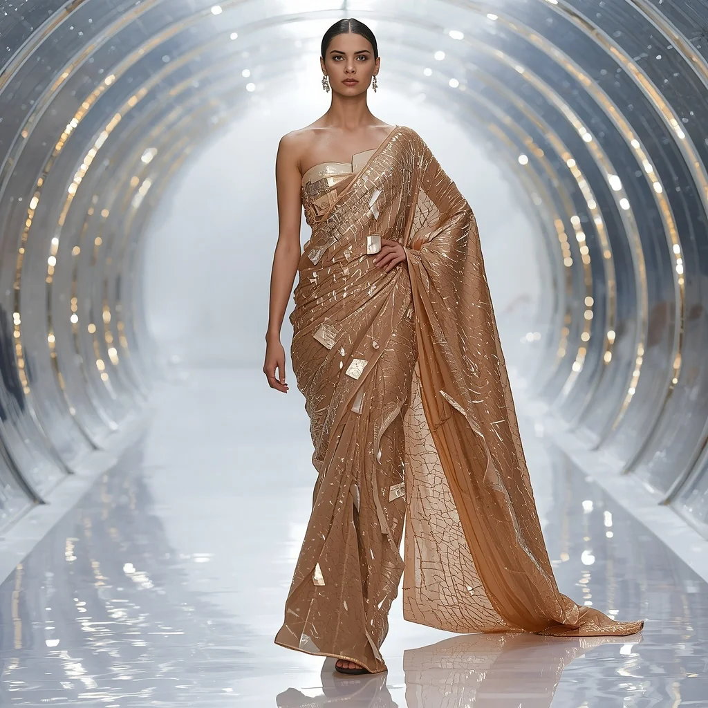 Shattered Mirror Couture Saree with Holographic Arc Pavilion | ChatGPT Photo Editing Prompts Trending Instagram For Girl