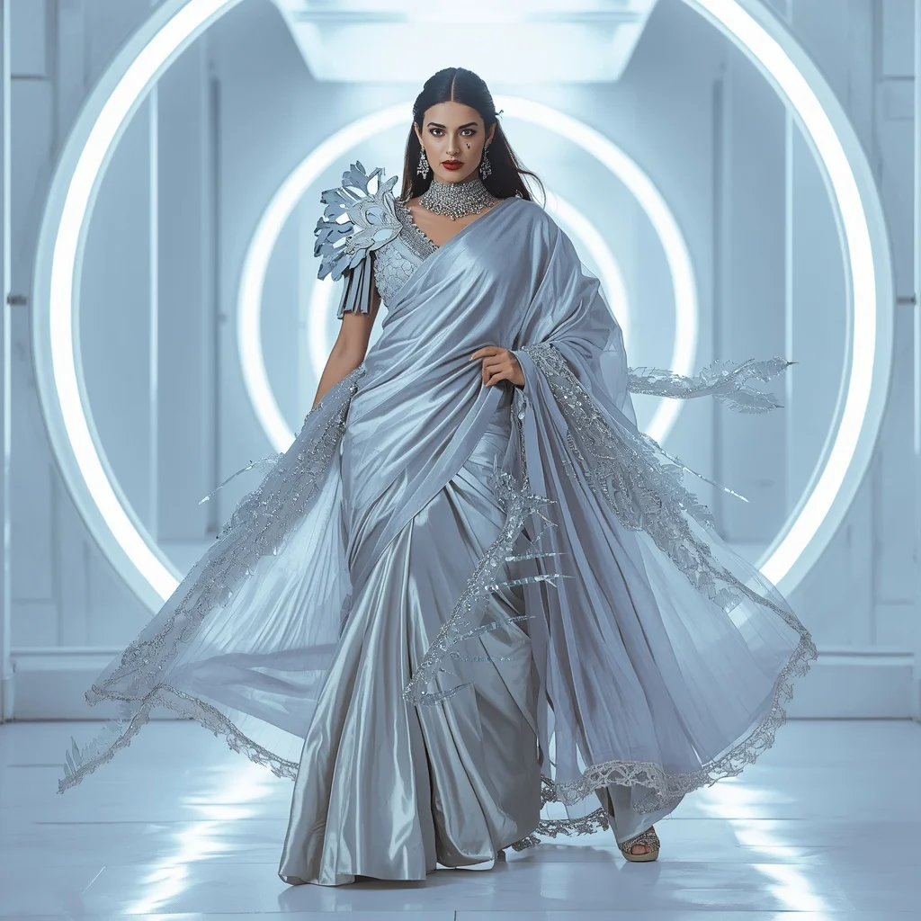 Silver Dragon Aurora Saree – Heavy Royal Designer Saree with Action Pose and Aurora Dragon Fortress Background | Prompt Ai For Girl Instagram