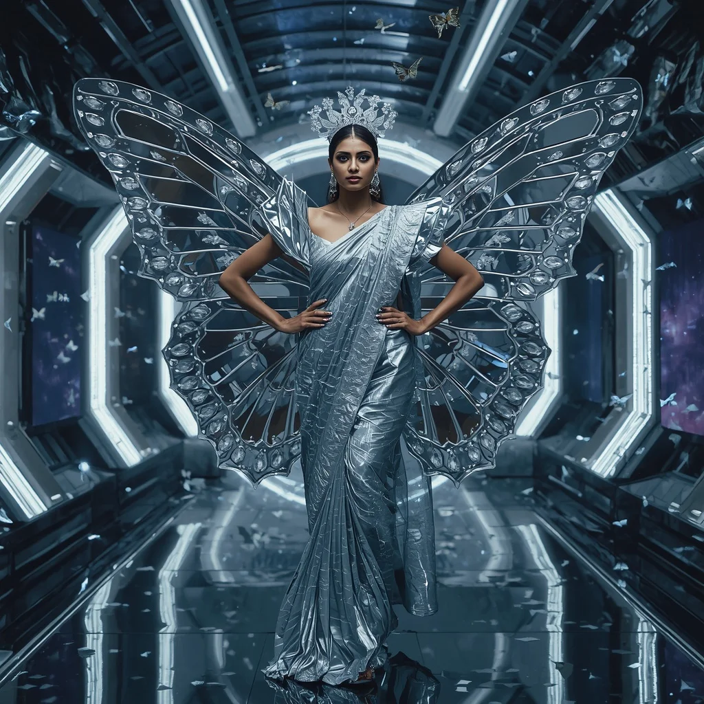 Silver Galaxy Butterfly Armor Saree with Futuristic Cosmic Hall Background | Luxury Ai Prompt