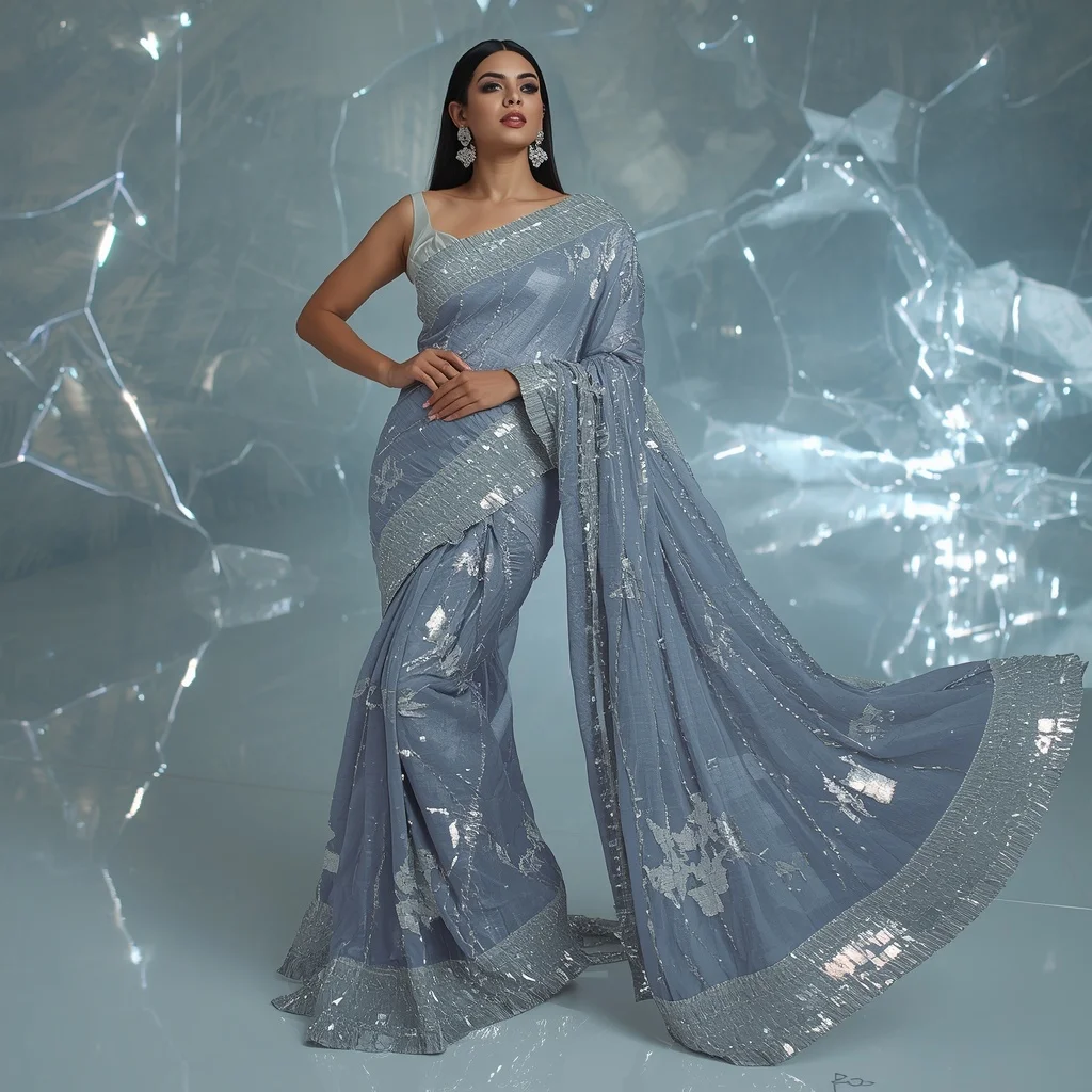 Silver Galaxy Fracture Core Saree – Futuristic Party Saree with Side Flow Pose and Fracture Core Chamber Background | Gemini Ai Prompt Copy Paste