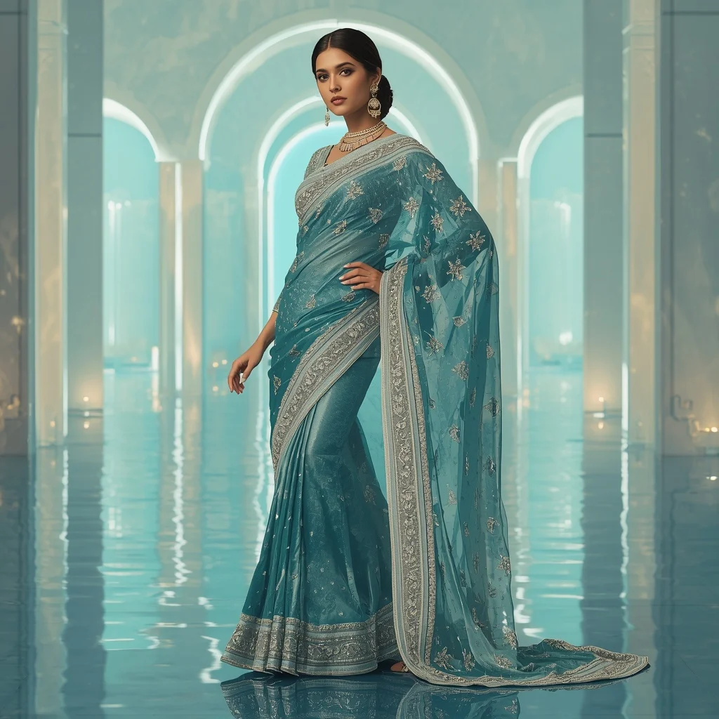 Silver Ocean Meteor Saree – Luxury Glam Saree with Side Pose and Meteor Water Reflection Palace Background | Prompt Seen Girl Photo Editing Chatgpt Aesthetic