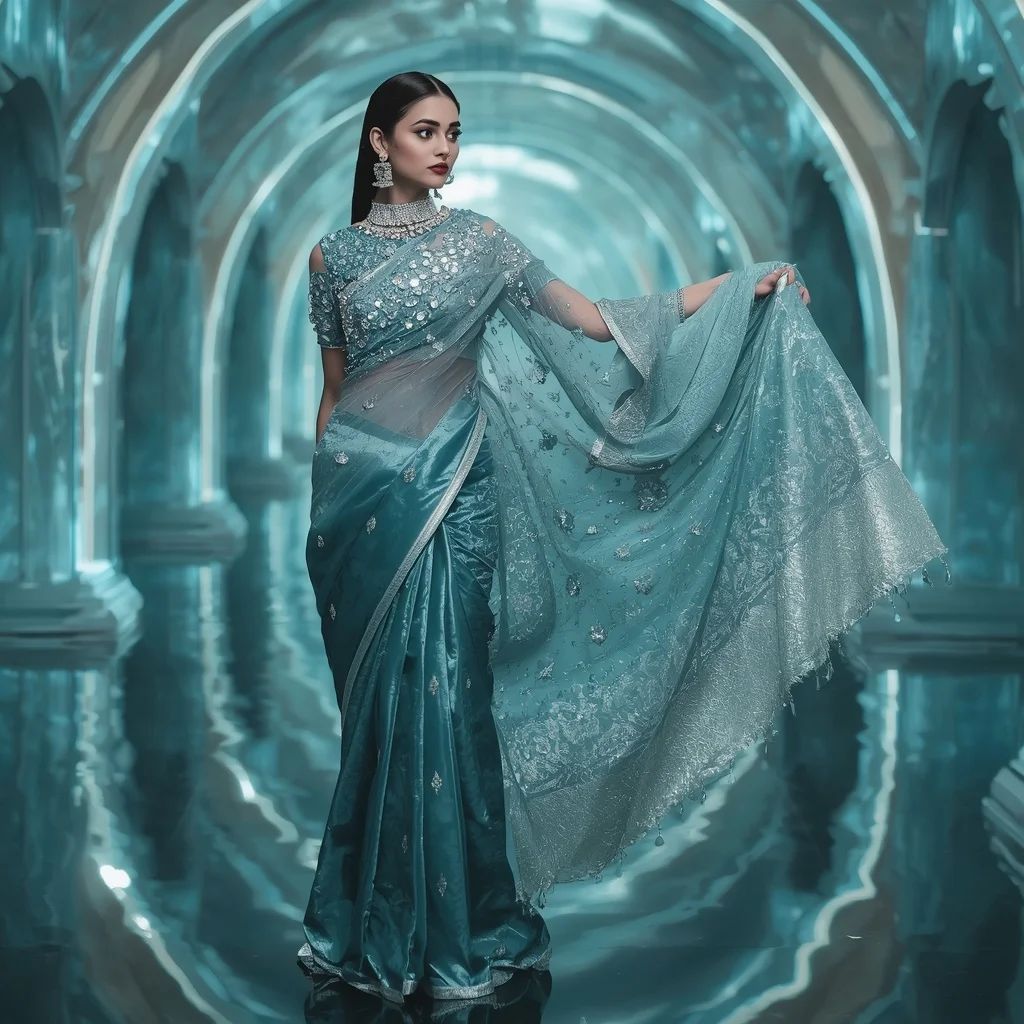 Silver Ocean Orbit Saree – Luxury Glam Saree with Side Pose and Orbit Water Reflection Palace Background | Gemini Photo Prompt
