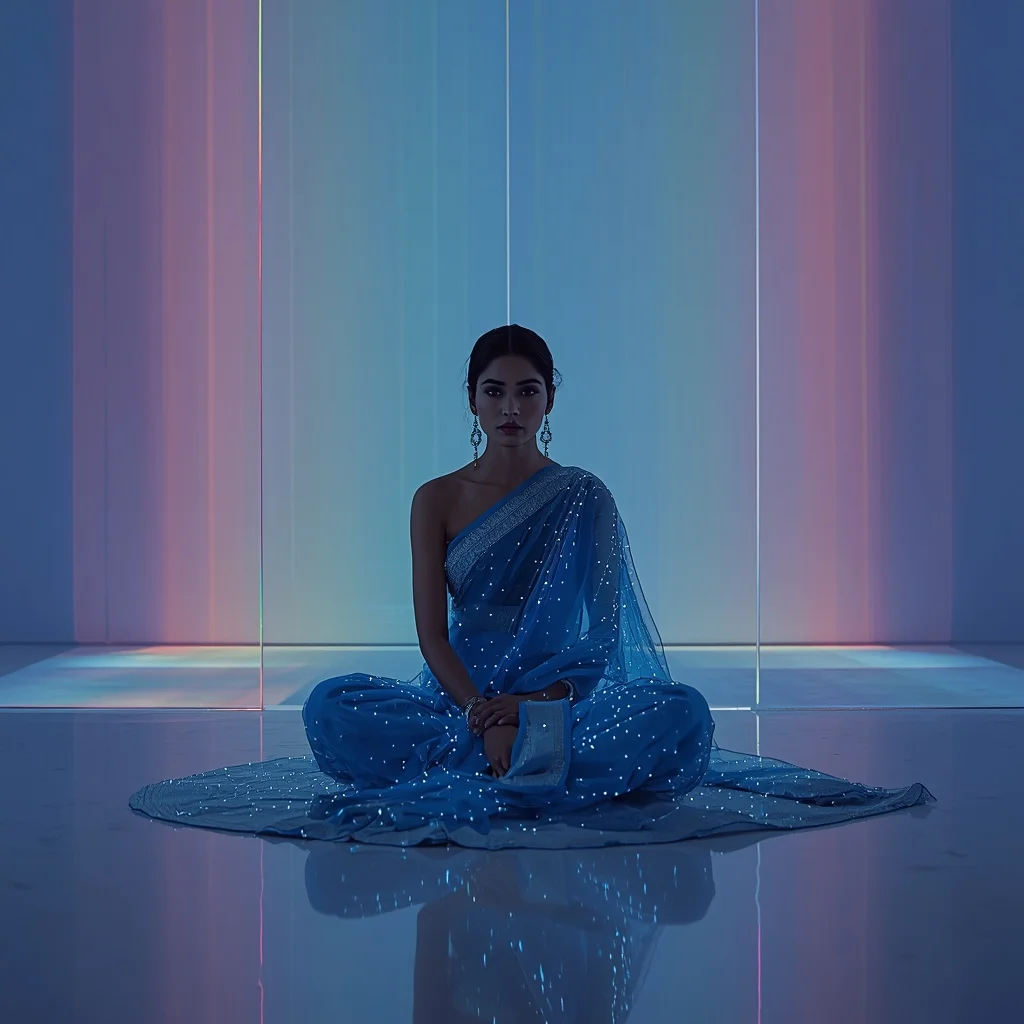 Slate Blue Fiber-Optic Saree – Cross-Legged Floor Sit with Rainbow Prism Light Rays | Prompt For Girl Photo Editing