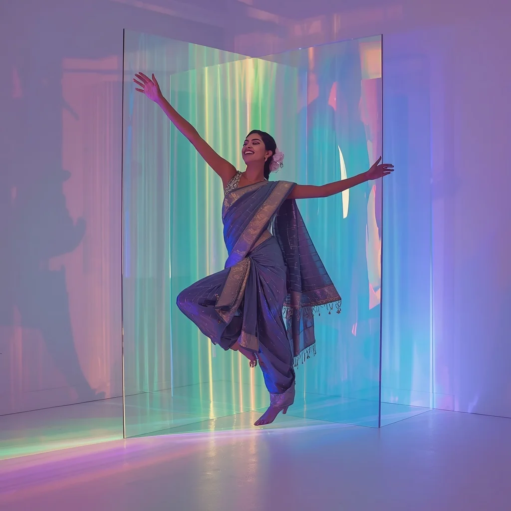 Slate Grey Fiber-Optic Saree – Angular Mid-Air Pose with Rainbow Prism Light | New Instagram Trend Prompt For Girl Aesthetic