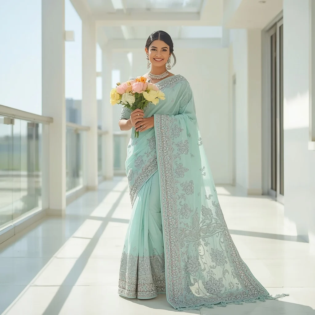 Soft Aqua Extreme Cutwork Heavy Silver Thread Saree | Holding Fresh Flowers Pose | New Instagram Trend Prompt For Girl Love