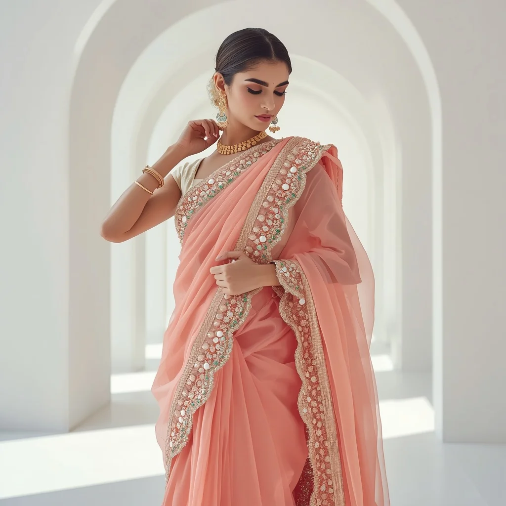 Soft Coral Saree with Heavy Emerald & Pearl Scallop Border | Adjusting Pallu Pose | Modern Design Ai Prompt