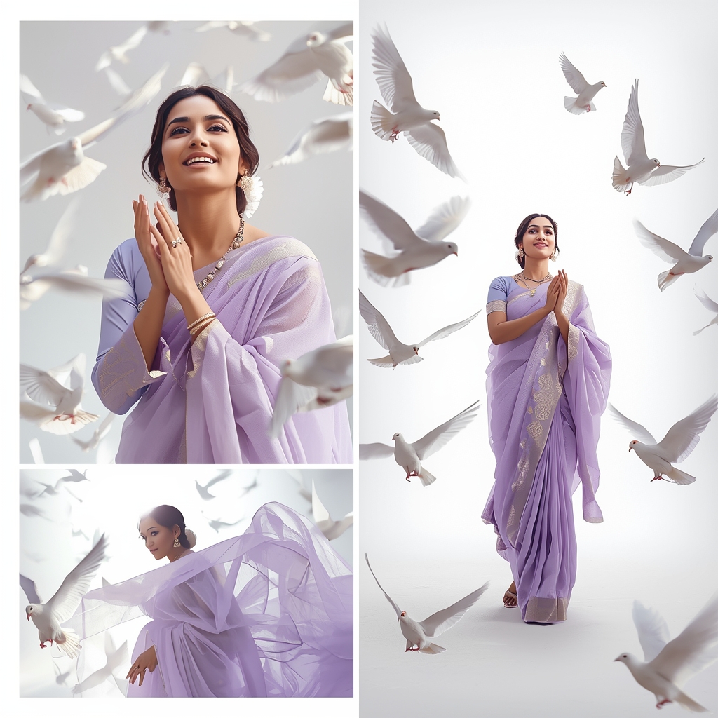 Soft White Pigeons In Flight Morning Light Premium Saree Storyboard | Prompt Gemini Saree