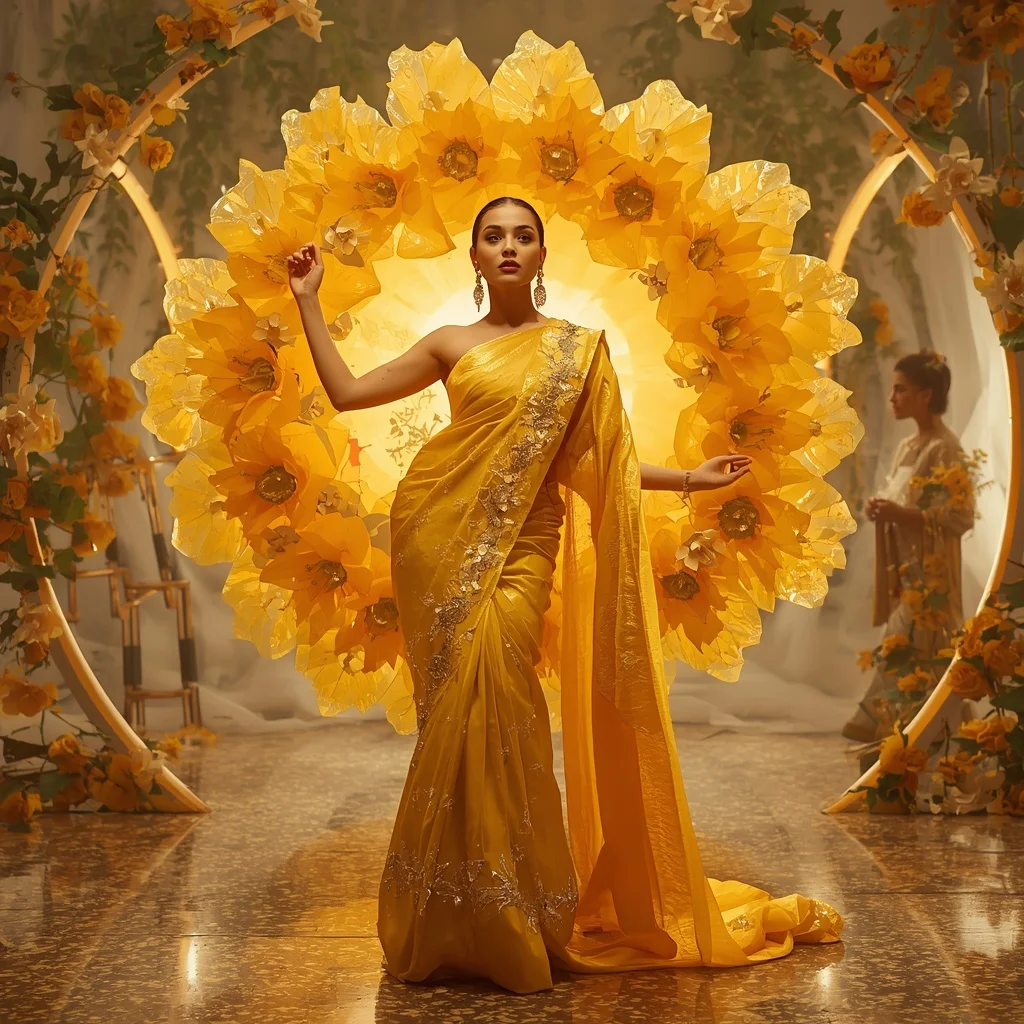Solar Bloom Prism Saree with Floating Sun Garden Sphere | Best AI Art