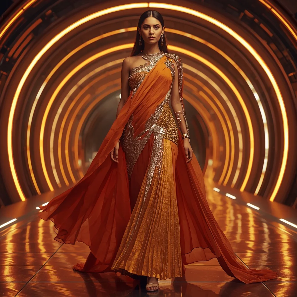 Solar Ember Inferno Apex Infinity Armor Saree with Curved Firestorm Quantum Dome Reactor Hall Nexus System Core | Ai Gemini Prompt