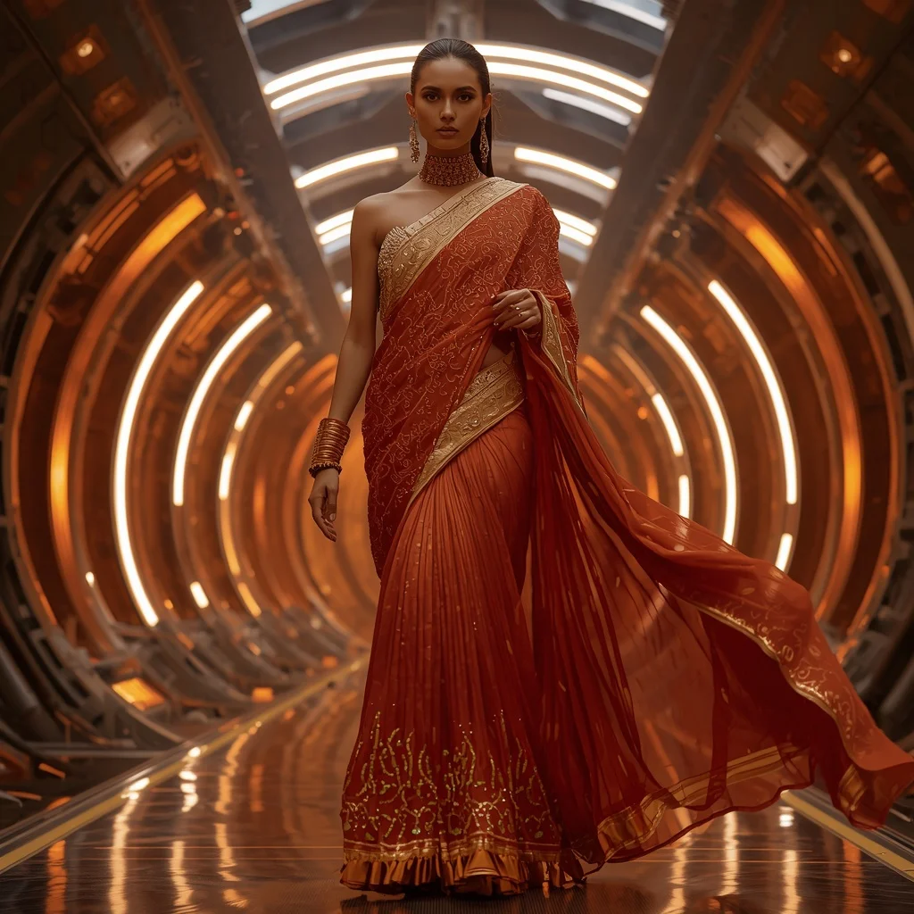 Solar Ember Inferno Zenith Infinity Armor Saree with Curved Firestorm Quantum Dome Reactor Hall Nexus Core System | Prompt For Girl Photo Editing