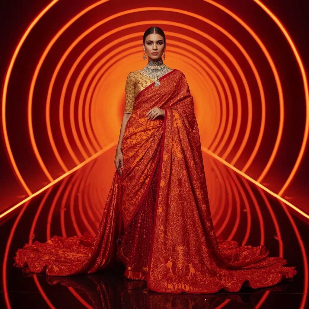 Solar Ember Royale Saree with Infinity Neon Runway | Saree Whatsapp Dp Ai Prompt