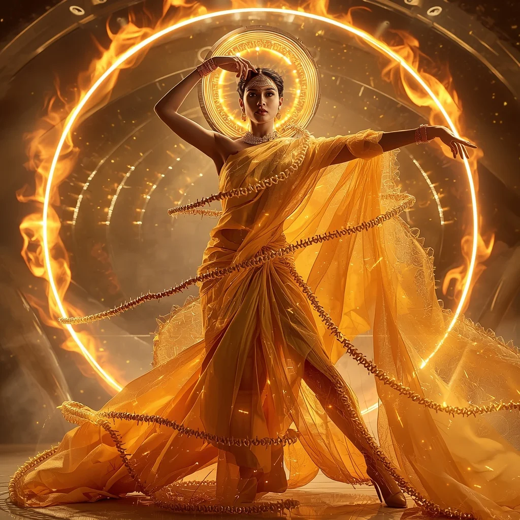 Solar Flame Silk Saree with Orbit Fire Halo | Prompt Seen Girl Kurti