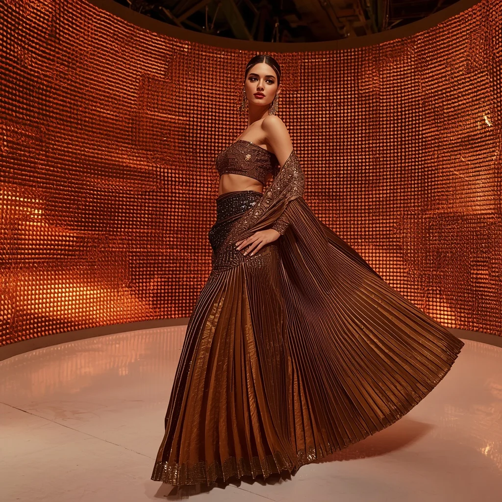 Solar Flare Bronze Saree with Infinite Light Grid | Instagram Photography Ai Prompt