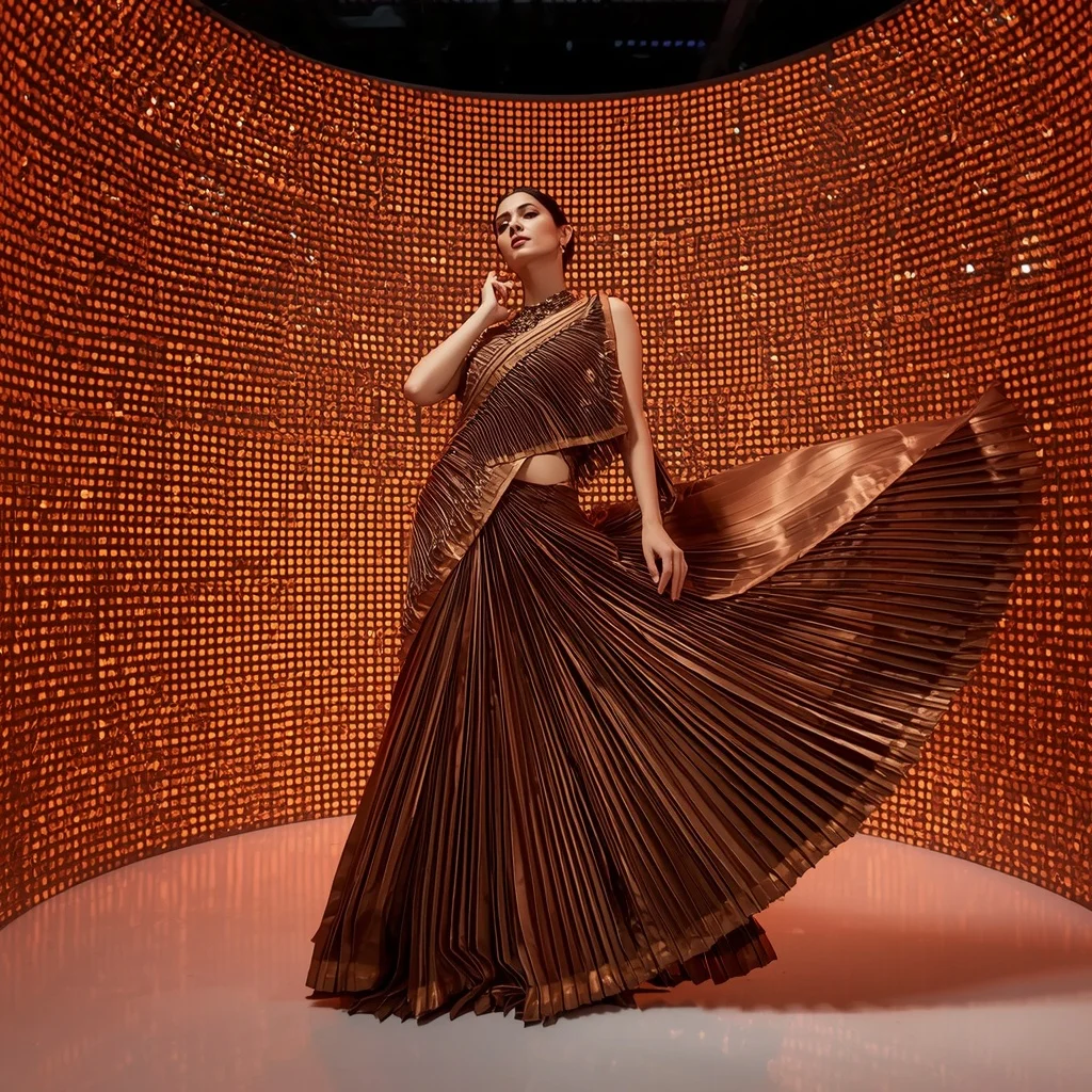 Solar Flare Metallic Silk Saree with Infinite Light Grid Pod | New Design Ai Prompt