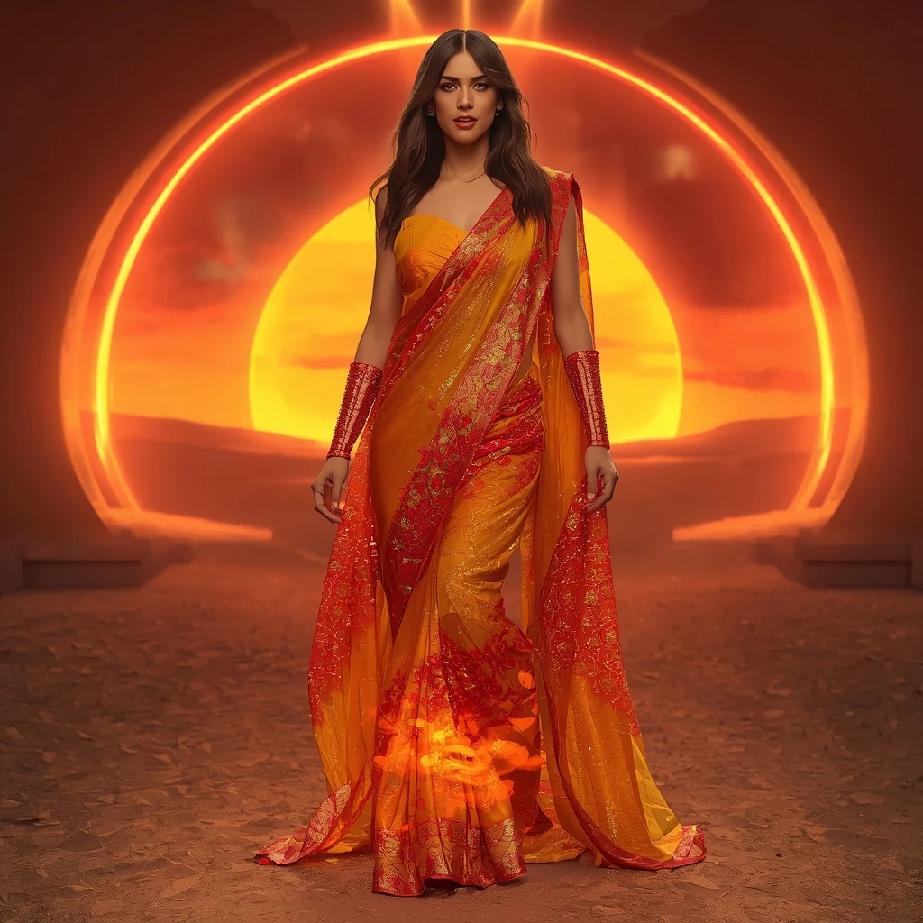 Solar Glass Flame Saree with Burning Light Horizon | Beautiful Woman Ai Prompt